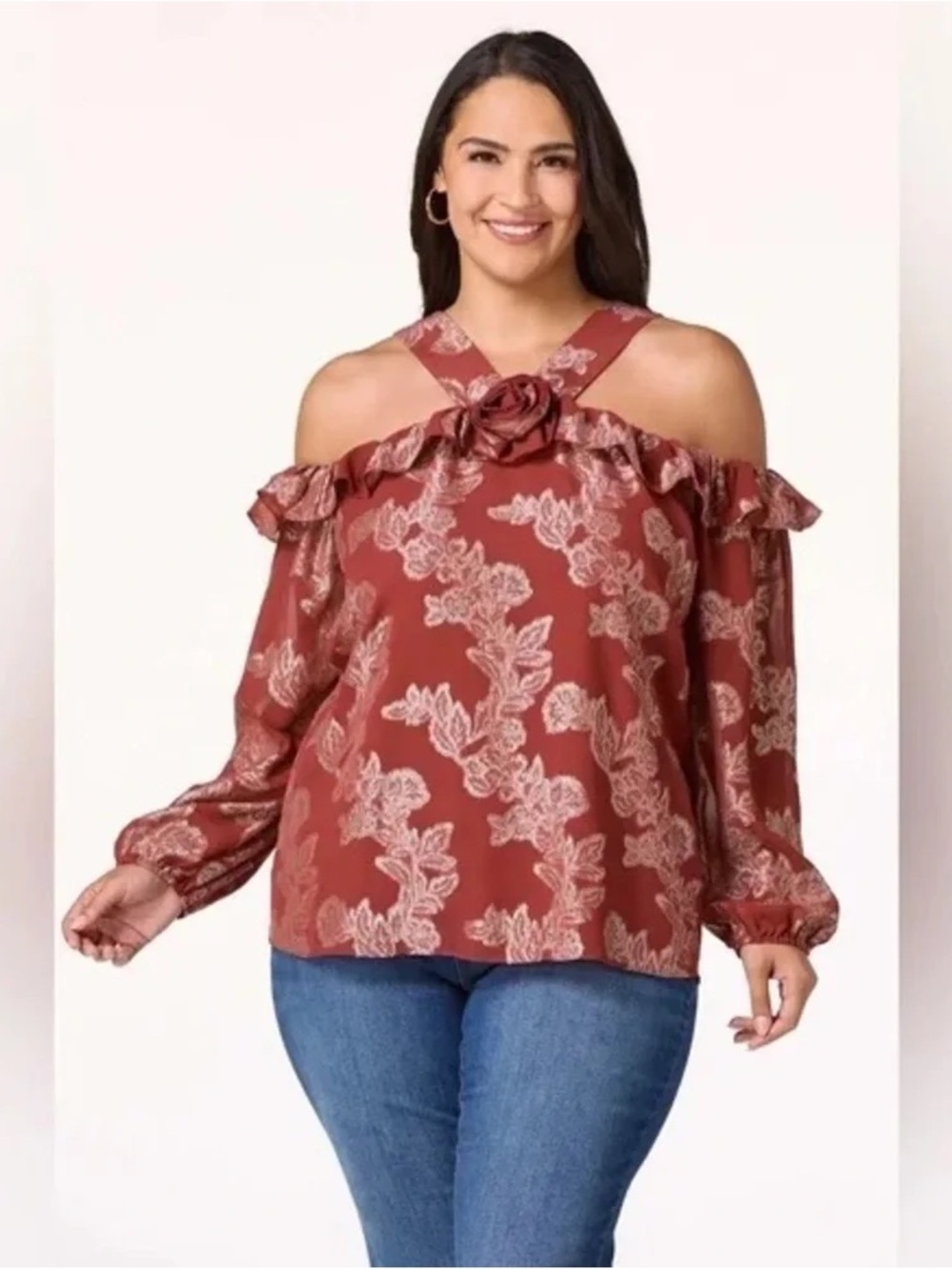 Cato | PLUS SIZE RUFFLED METALLIC FLORAL TOP RUSSET BROWN